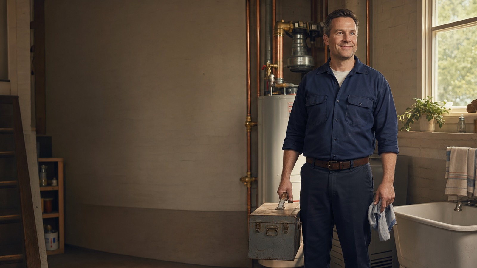 Friendly plumbing professional beside a residential water heater